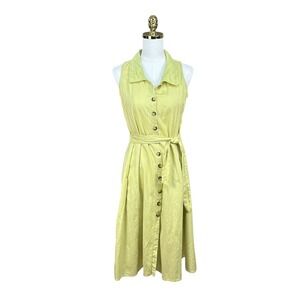 Bombay Paisley Woman Chartruese Eyelet Collar Button Linen Blend Midi Dress SZ M